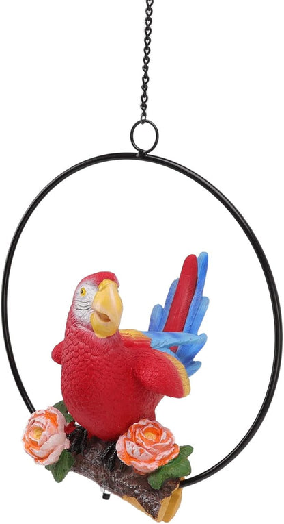 Hanging Iron Ring Parrots Statue, Garden Hanging Parrot Decor, Exquisite Resin Parrot Crafts with Metal Ring for Courtyard Balcony Lawn Outdoor Indoor Decoration