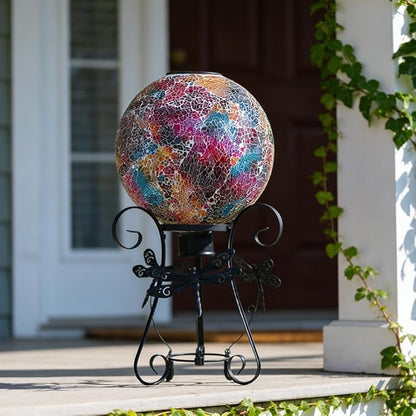 Stargarden Solar Gazing Ball, 10" Mosaic Gazing Ball,Glass Gazing Globe with Metal Stand, Decorative Solar Globes for Patio, Lawn, Garden Decor(Red)