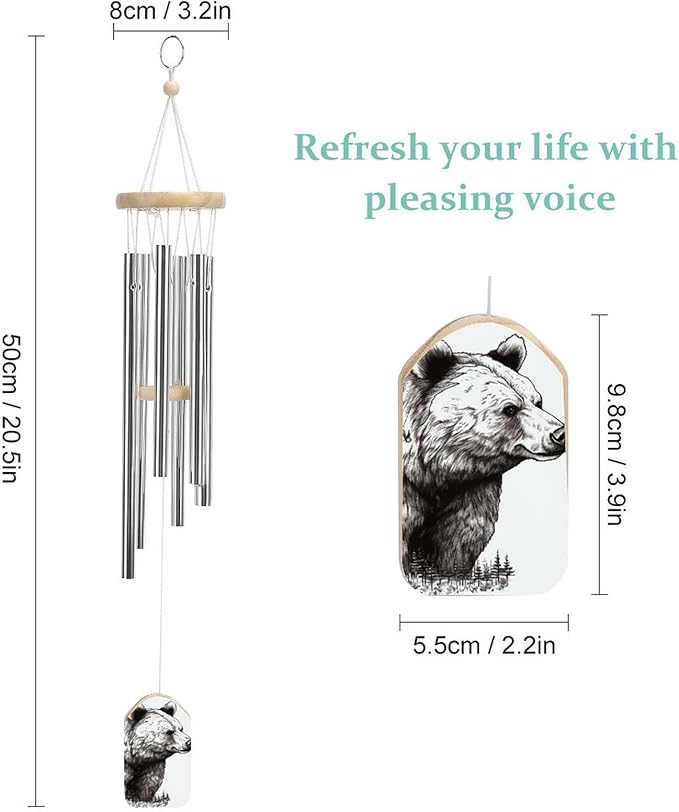 Large Aluminium Wind Chimes 20.5" Inches Wildlife Hand Drawn Bear Animal Wind Chimes for Outside Memorial Wind Chimes Sympathy Wind Chime for Outdoor Garden Patio Decoration