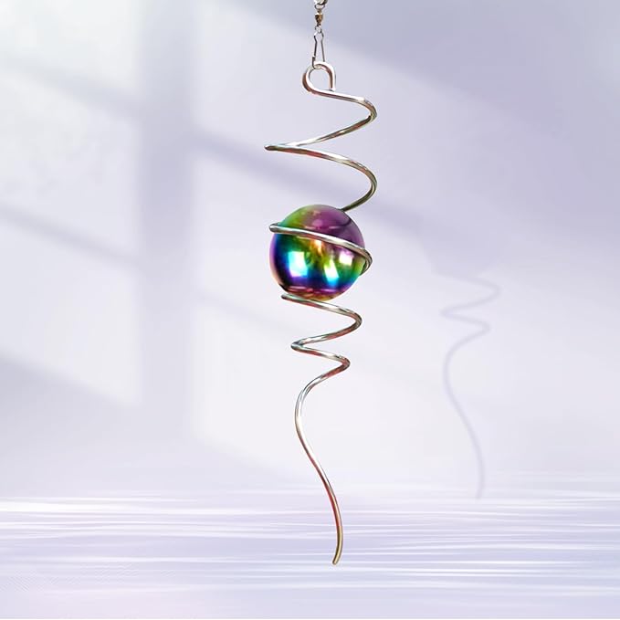 Gazing Ball Spiral Tail with Multi Color Stainless Steel Orb, Wind Spinners Stabilizer, Spiral Tail Wind Spinner, Outdoor Hanging Decoration for Garden Yard Patio Christmas Decor 13inch