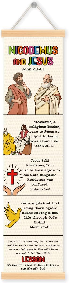 Religious Poster, Nicodemus and Jesus Poster, Bible Story Canvas Banner, Church Decoration for Wall, Church Activity Kids, Family Hanging of Scripture and Words Decorations 12