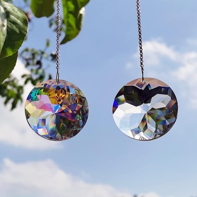 2PCS Circle Crystal Sun Catcher Prisms, stino Hanging Suncatchers with Glass Prism, Rainbow Maker for Windows, Balcony, Kitchen, Garden Decoration (1, Circle ABColor 2Pcs)