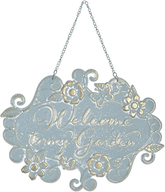 All Chic Welcome to My Garden Sign Hanging Yard Sign for Garden Decor Rustic Farmhouse Backyard Outdoor Wall Decor(Blue)