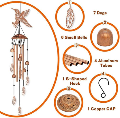 ORIGACH Hummingbirds and Feather Wind Chimes Metal Wind Chimes for Outside Gifts for Women Mom Grandma Deep Tone Suitable for Outdoor, Indoor, Balcony, Garden, Courtyard, Porch, 30-Inch Long