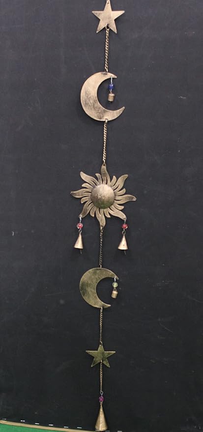 43 Inch Metal Sun Moon Star Wind Chime – Antique Bronze Celestial Wall Hanging with Bells – Handcrafted Boho Home & Garden Decor for Balcony, Patio, Porch, Entryway.