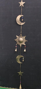 43 Inch Metal Sun Moon Star Wind Chime – Antique Bronze Celestial Wall Hanging with Bells – Handcrafted Boho Home & Garden Decor for Balcony, Patio, Porch, Entryway.