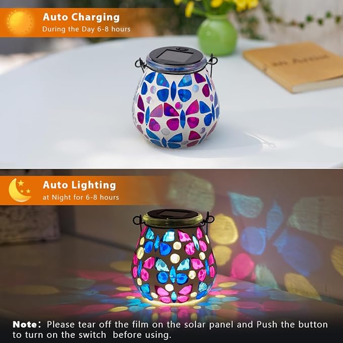 Stargarden 2 Pack Mosaic Solar Lanterns, Glass Hanging Lantern Waterproof Outdoor Hanging Solar Lights Butterfly Decorative Lantern for Garden ,Patio,Yard Decor