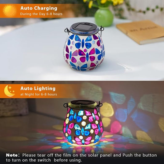 Stargarden 2 Pack Mosaic Solar Lanterns, Glass Hanging Lantern Waterproof Outdoor Hanging Solar Lights Butterfly Decorative Lantern for Garden ,Patio,Yard Decor
