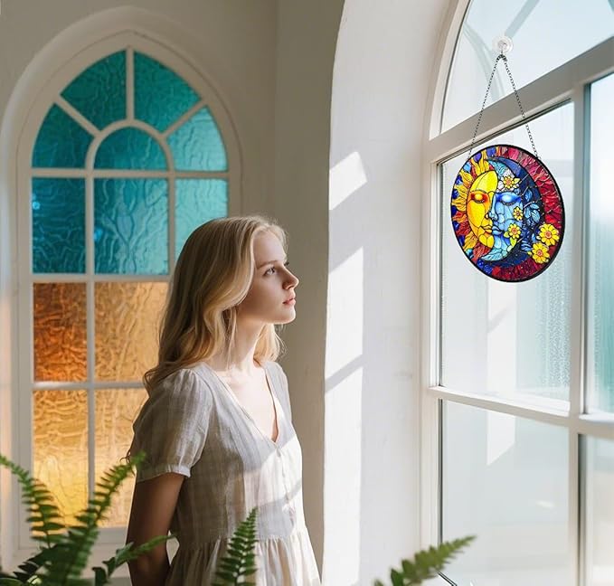 Stained Glass Moon and Sun Suncatcher with Hook and Chain, Handmade Window Hanging for Home and Garden, for Christmas, Party, Wedding, Birthday