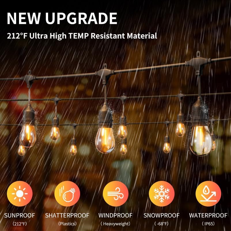 50FT Outdoor String Lights - 30+2 Bulbs, Waterproof, Remote Dimmer