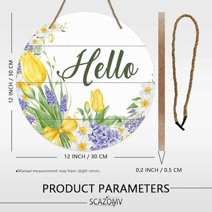 Round Rustic Wood Sign Plaque Hello Tulip Flower Hand-Painted Vintage Wall Door Art Sign Cute Wooden Hanging Sign Decor for Home Kitchen Farmhouse Garden Front Door Entryway Porch 12 Inch
