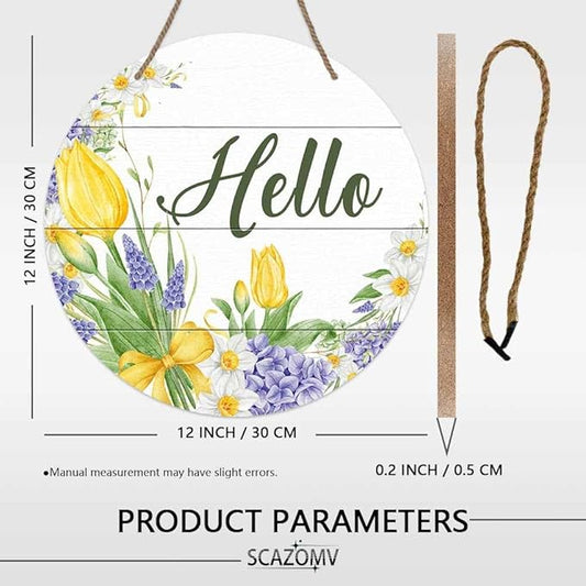 Round Rustic Wood Sign Plaque Hello Tulip Flower Hand-Painted Vintage Wall Door Art Sign Cute Wooden Hanging Sign Decor for Home Kitchen Farmhouse Garden Front Door Entryway Porch 12 Inch