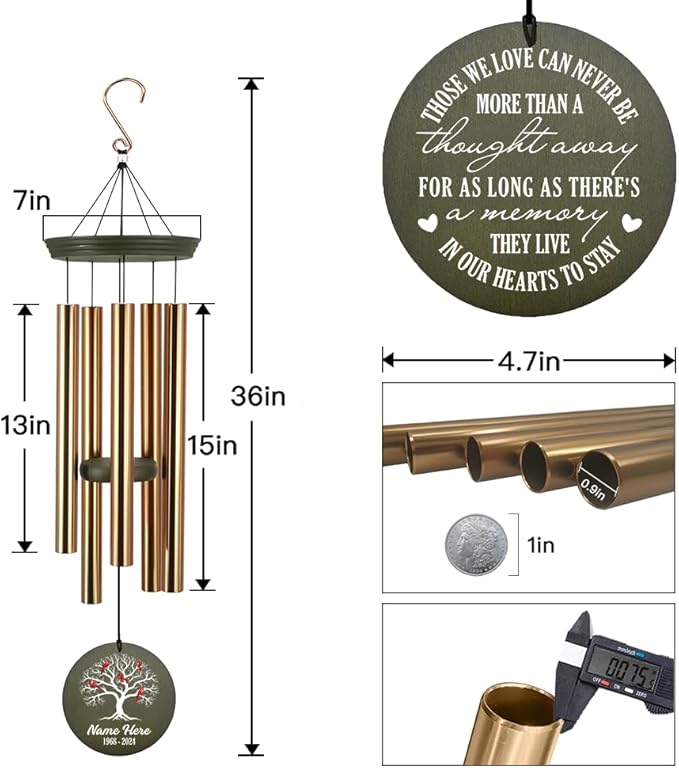 Personalized Sympathy Wind Chime, Deep Tone Custom Wind Chimes, in Memory for Loss of Loved Dad/Mom/Ones, Memorial Gifts, Decorative Wind Chimes Outdoor (Produced in USA)