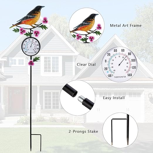 Outdoor Thermometer, 35" Tall No Battery Needed Outside Thermometer with Garden Stake, Hummingbird Wall Thermometer for Yard Patio Decor
