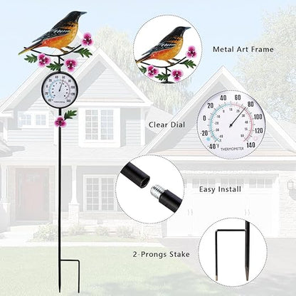 Outdoor Thermometer, 35" Tall No Battery Needed Outside Thermometer with Garden Stake, Hummingbird Wall Thermometer for Yard Patio Decor
