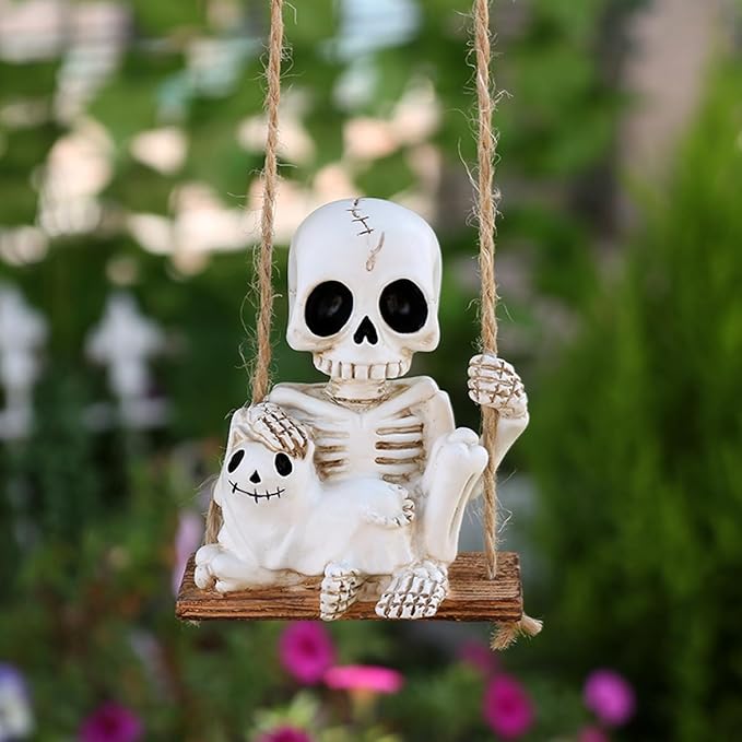 Swing Skeleton Holding Ghost Cat Garden Statue Outdoor Halloween Decor, 3.15 Inch Cute Skull Figurine Resin Sculpture Funny Tree Hanging Ornaments for Patio Lawn Yard