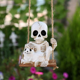 Swing Skeleton Holding Ghost Cat Garden Statue Outdoor Halloween Decor, 3.15 Inch Cute Skull Figurine Resin Sculpture Funny Tree Hanging Ornaments for Patio Lawn Yard