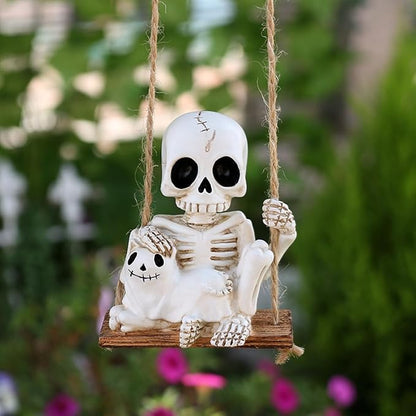 Swing Skeleton Holding Ghost Cat Garden Statue Outdoor Halloween Decor, 3.15 Inch Cute Skull Figurine Resin Sculpture Funny Tree Hanging Ornaments for Patio Lawn Yard