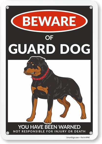 SmartSign Beware Of Guard Dog Warning Sign - 10"x7", 40 mil Laminated Rust-free Aluminum - Funny Metal Signs for Entrances, Outdoors, Patio, Gifts, Cafe - Guard Dog Theme, Made in USA