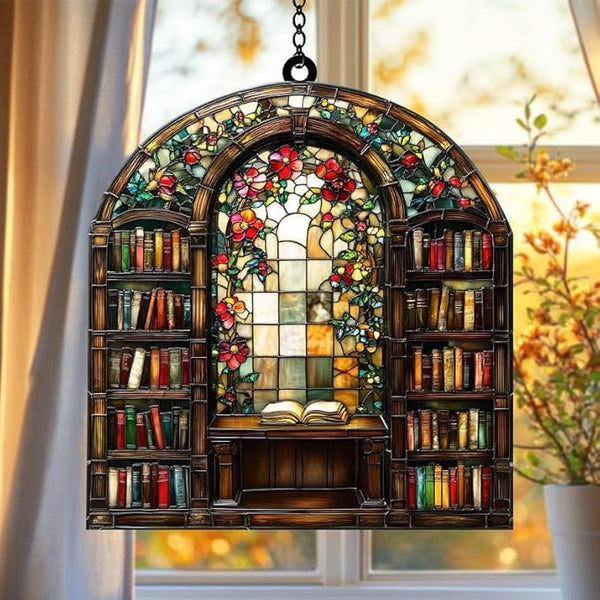 Floral Library Acrylic Suncatcher, Book Suncatchers for Window Hangings, Bookish Gifts for Readers Book Lovers Bookworm, Gift for Mother's Day, Women, Mom, Wife, Grandma