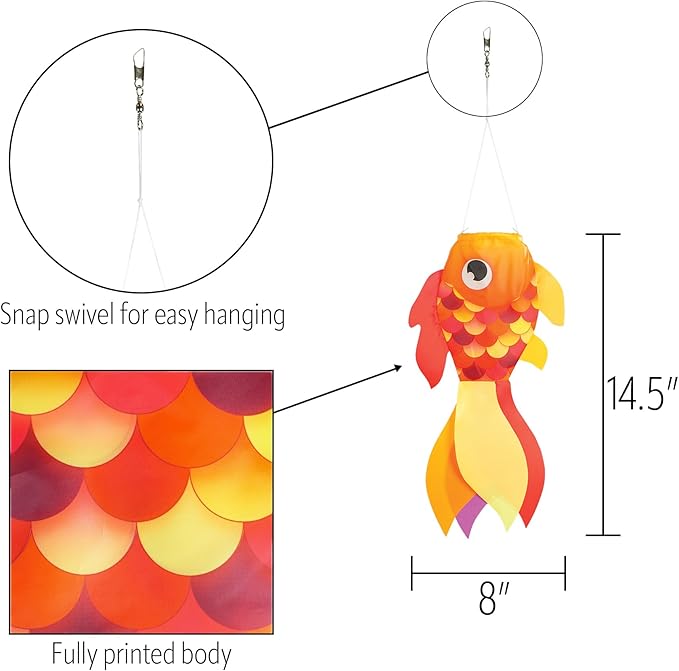 In the Breeze 5220 — 15-inch Hot Damsel Fish Windsock — Colorful Orange and Red Fishsock Hanging Garden Décor with Detailed Printed Graphics