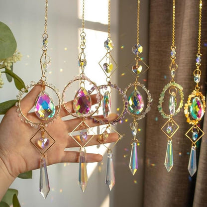 Crystal Suncatchers Window Hanging Wind Chime Pendant Ornament with Rough Stones Amethyst,for Home, Garden Tree Plants, and Meditation Decor (Yellow)