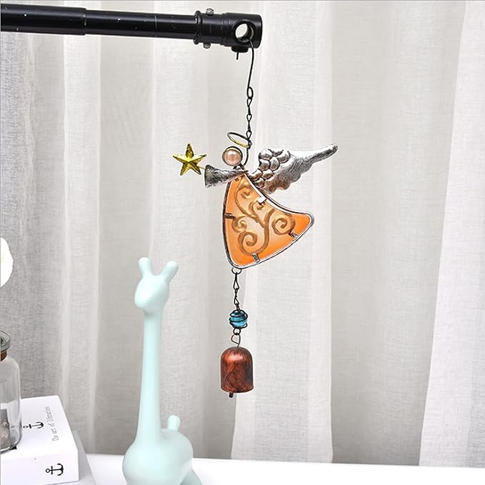 MrMrKura Metal Angel Wind Chime Hanging Decoration Ornament Wing Angel Bell Decorative Hanging Bells, Gifts for Home Garden Decor Crafts (Yellow)