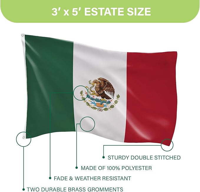Evergreen Mexican Flag 3x5 Outdoor Double Sided, MX Mexico Flags for Outside with Grommets, 3-Ply Banners for Garden Patio, Indoor Wall Decor for Room, Works with Standard Estate Flag Poles
