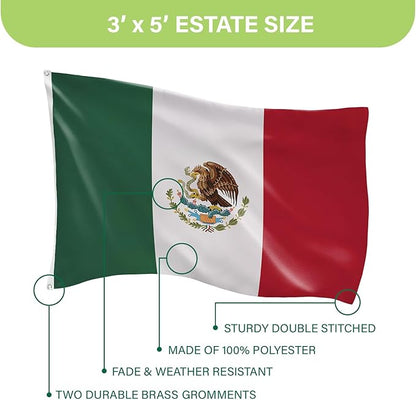 Evergreen Mexican Flag 3x5 Outdoor Double Sided, MX Mexico Flags for Outside with Grommets, 3-Ply Banners for Garden Patio, Indoor Wall Decor for Room, Works with Standard Estate Flag Poles