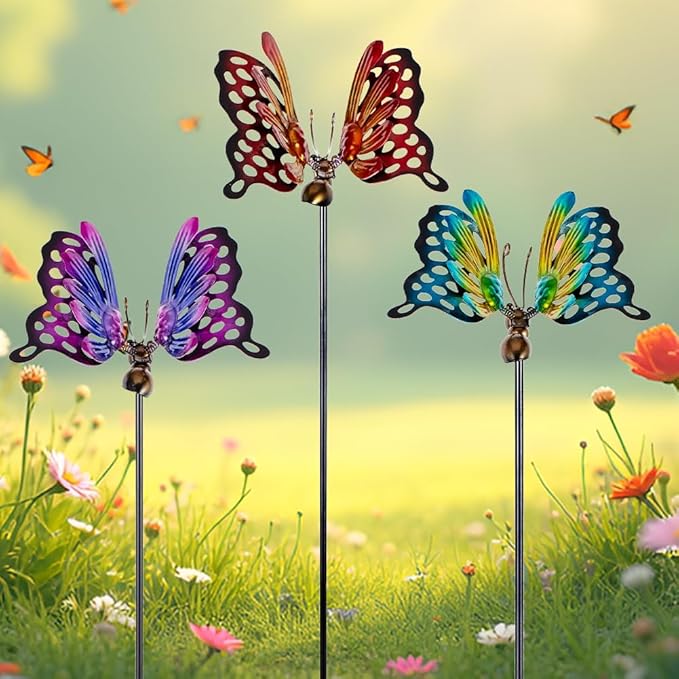 3 Pack Butterfly Decorative Garden Stakes,Metal Openwork Colorful Butterflies Yard Art Garden Stakes for Outdoor Lawn Pathway Patio Plant Pot Flower Bed Ornaments