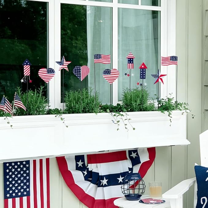 hogardeck 4th of July Decorations Outdoor, 10 PCS Metal Patriot Star Firework Decorative Garden Stakes for Fourth of July Decorations, Patriotic Yard Signs for Garden Memorial Day Decorations