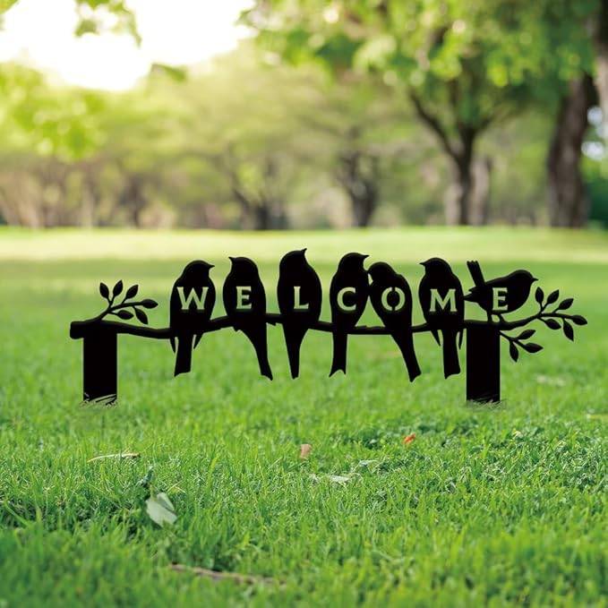 SUPERDANT Bird Welcome Metal Garden Decor Bird on a Branch Outdoor Garden Ornament Black Silhouette Outdoor Decor Animal Yard Stakes Decorative Metal Wall Art for Lawn Patio Gift for Gardeners