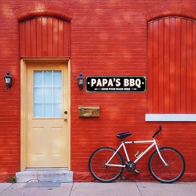BBQ Restaurant Tin Decor 16 * 4 Inches "PAPA'S BBQ GOOD FOOD MADE HERE" Restaurant/Patio Wall Art - Retro BBQ Accent, Southern Decor, BBQ Metal Sign