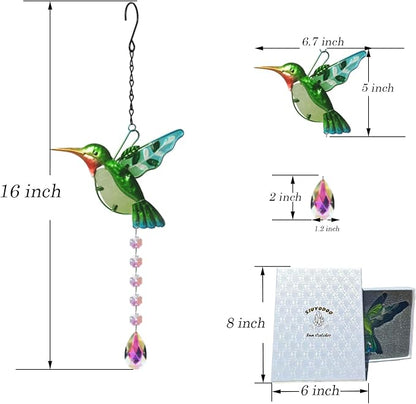 Hummingbird with Crystal Sun Catcher,Stained Glass Bird Suncatchers for Windows Hanging,Crystal Suncatcher Prism Hanging Ornament for Home Garden Party Decoration(Green)