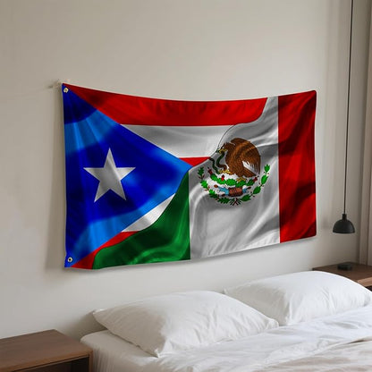 Puerto Rican Puerto Rico And Mexico Mexican Flag 3x5 Ft Double-Sided Printed Indoor/Outdoor Flag Polyester Fabric Decorative Banner With 2 Brass Grommets 3x5 Foot National Flags For Outside
