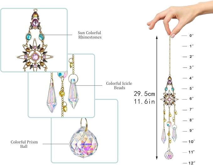 Hanging Sun Catchers with Crystals, Glass Icicle Prisms Rhinestones Suncatcher, Rainbow Maker Pendant Indoor Window Home Car Decor Gift