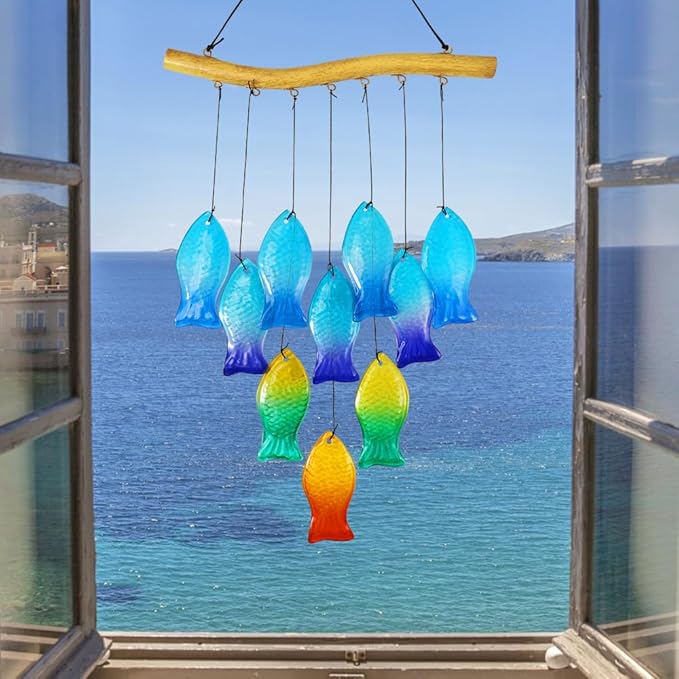 Vindar Sea Glass Wind Chimes for Outside, 28" Unique Schools of Fish Handmade Glass Wind Chimes, Hanging Windchimes for Garden Backyard Home Outdoor Decoration, Gift for Grandmother, Mother, Friends