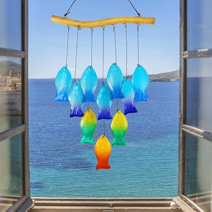 Vindar Sea Glass Wind Chimes for Outside, 28" Unique Schools of Fish Handmade Glass Wind Chimes, Hanging Windchimes for Garden Backyard Home Outdoor Decoration, Gift for Grandmother, Mother, Friends