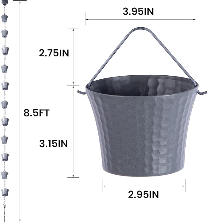 Rain Chain for Gutters with Adapter,Wrought Iron Rain Chains Set 8.5 Ft,Not Rust, Gotta Drain with Sturdy Anchoring Stake, 14 Cups, 1 Hook, Adjustable Gutter Downspout for Outdoor(Blue Gery)