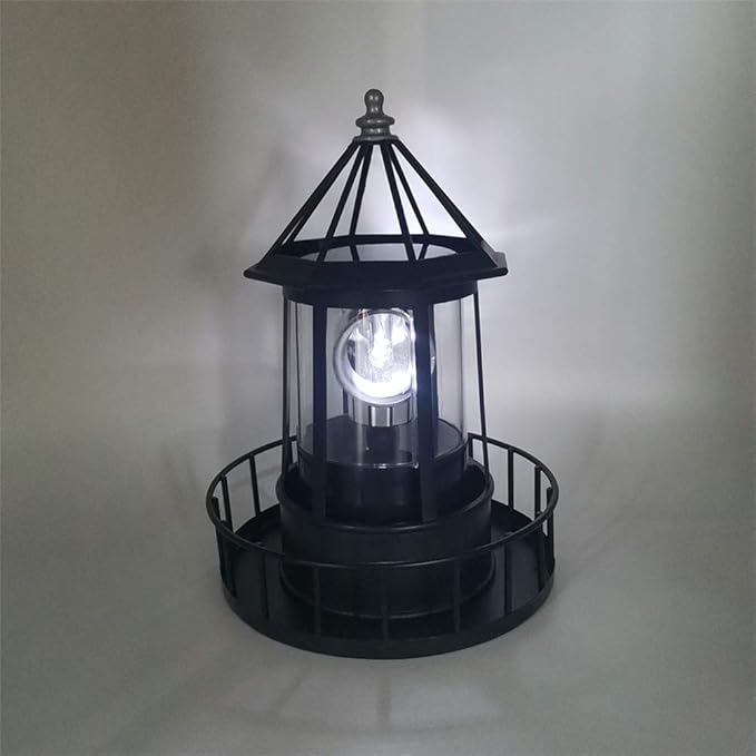 Solar Lighthouse Rotating Light with 360° Beacon, IP65 Waterproof Outdoor LED Decor for Garden, Yard, Pathway & Patio - Solar-Powered Lawn Statue Lamp for Balcony & Fence Decoration(Color:Black)