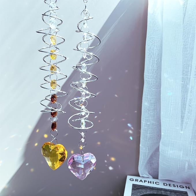 Big Heart Crystal Sun Catchers for Windows Hanging, Double-Spiral Design Gazing Ball Spiral Tail, Rainbow Maker Prism, Sun Catchers Indoor Window for Kitchen, Patio, Porch, Garden(Yellow)