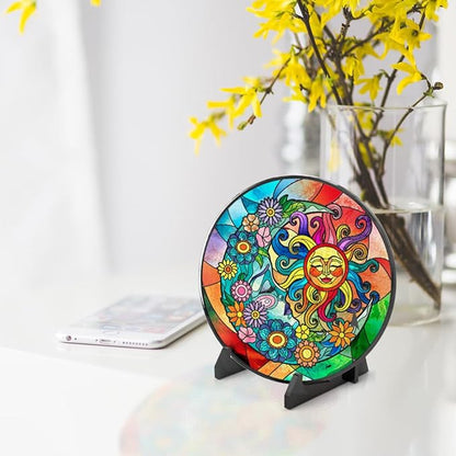 WIRESTER Stained Glass Suncatcher 6 Inch, Glass Panel with Metal Chain, Sun Catcher Window Hanging Ornament for Indoor Outdoor Wall Art Home Decoration - Colorful Sun and Moon