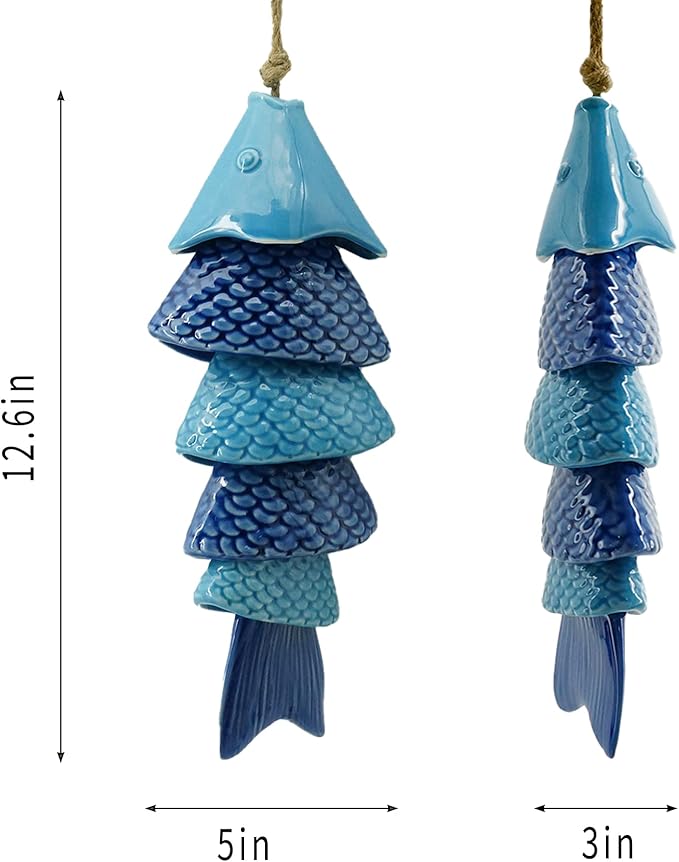 Koi Fish Wind Chime for Outside, 12 Inch Ceramic Wind Chimes with Gentle Tones for Patio Garden Yard, Porch, Beach Decor, Thoughtfully Weighted Design Prevents Constant Ringing.