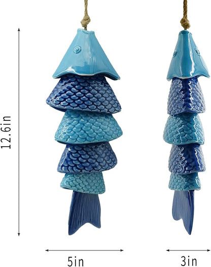 Koi Fish Wind Chime for Outside, 12 Inch Ceramic Wind Chimes with Gentle Tones for Patio Garden Yard, Porch, Beach Decor, Thoughtfully Weighted Design Prevents Constant Ringing.