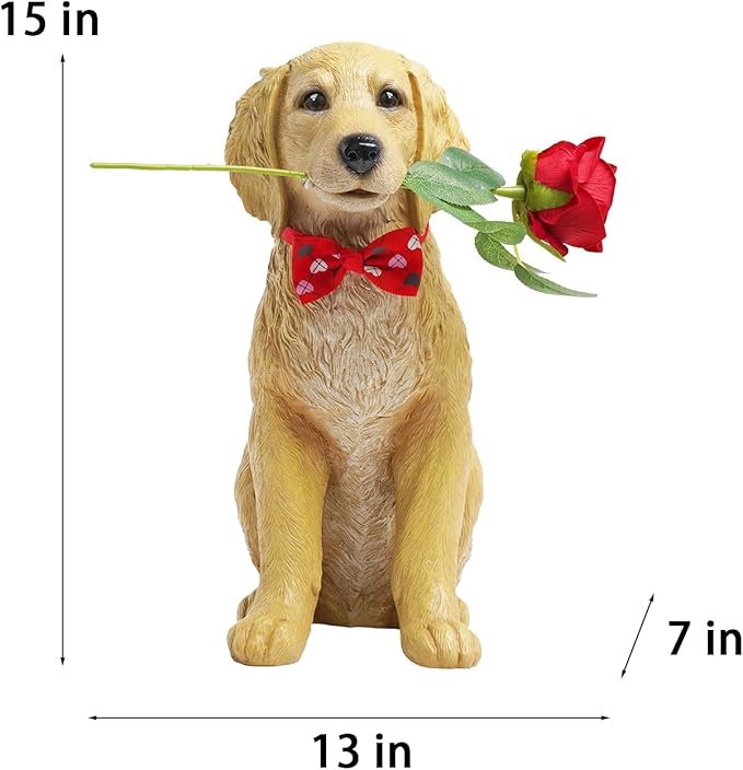Dog Valentine Day Decorations Outside - Puppy Rose Statues for Garden Decor, Valentine's Day Gifts Garden Statues for Outdoor Patio Balcony Yard, Unique Golden Retriever Gifts for Women 11x5.5x13IN