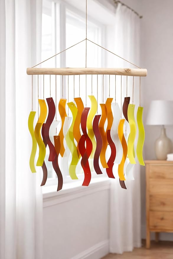 OMA Glass Wind Chime – Handmade Recycled Glass & Driftwood Chime for Garden Patio Decor – Multi Color Hanging Chime for Garden, Patio Or Indoor Decor Sun Catcher Gift - Large 20"