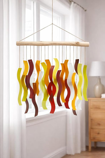 OMA Glass Wind Chime – Handmade Recycled Glass & Driftwood Chime for Garden Patio Decor – Multi Color Hanging Chime for Garden, Patio Or Indoor Decor Sun Catcher Gift - Large 20"