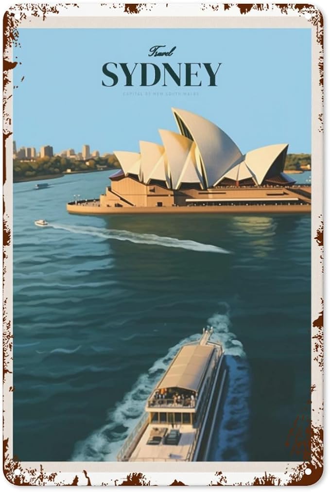 patio wall decor Travel Sydney 10 metal signs vintage Metal Vintage Retro Tin Sign: Decorative Wall Art for Bathroom,Yard,Wedding,Street,Garage,and More 8X12inch