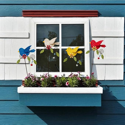 4 Pack Decorative Garden Stakes - 14.2" Metal Flowers for Outside & Metal Yard Art Outdoor and Garden, Rust-Resistant Shaking-Head Bird Lawn Ornaments for Patio - Gift for Gardeners