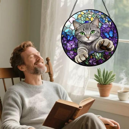 Stained Glass Window Hanging Cat Suncatcher with Butterfly Design, Round Window Hanging Decor, Colorful Sun Catcher for Home, Garden & Gifts for Cat Lovers